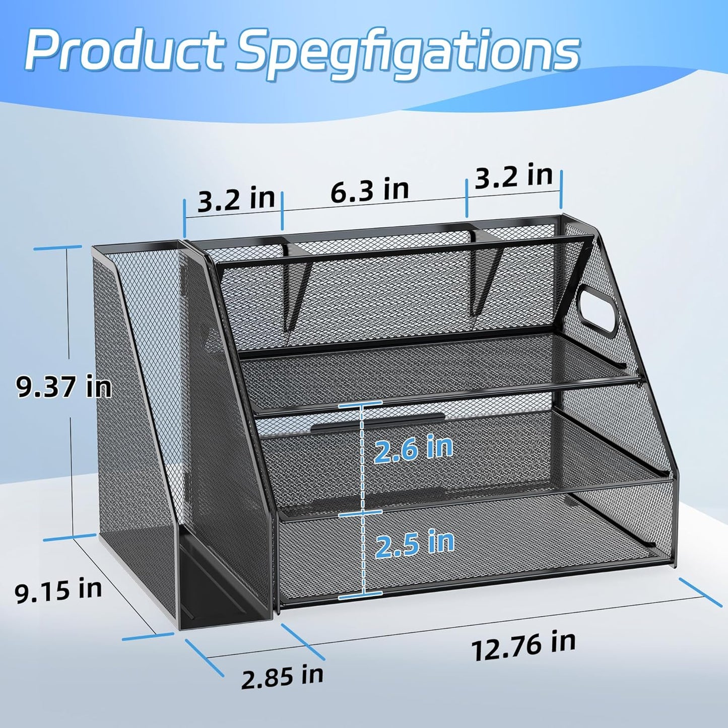DocNest 3 Tier Paper Letter Tray, Metal Mesh Desk Organizer with Handle Builtin Pen Holder Space Saving Desktop File Storage for Office Supplies Black