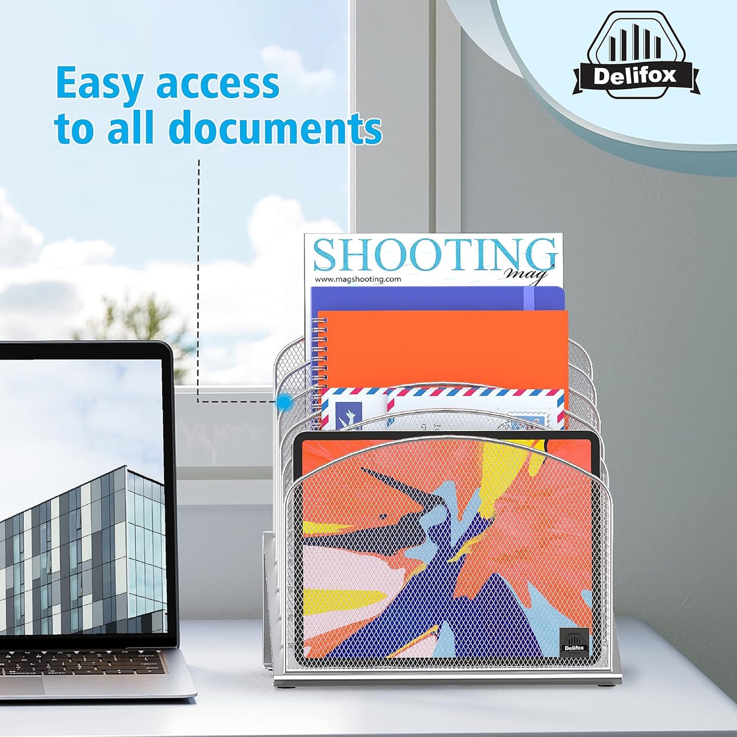 Inclined Desk File Organizer, 5-Section Vertical File Folder Holder Stand Metal Rack File Sorter for Office Classroom Desktop Organization (Silver, 2Pack)