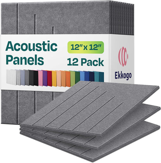 Acoustic Panels 12-Pack Soundproof Wall Panels 12"x12"x0.4" Decorative Sound Dampening for your Home, Office, Studio, Bedroom & More with Unique LineWave Carving [Pebble Gray]