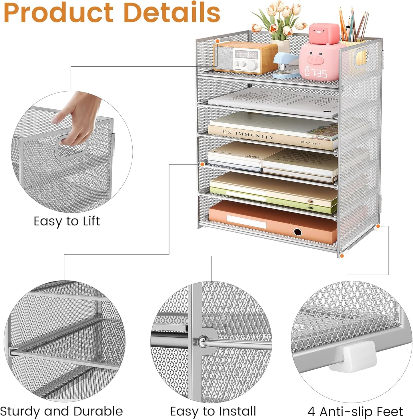 Subekyu 6 Tier Paper Organizer for Desk with Handle, Metal Mesh Desk Office File Folder Paper Letter Tray Accessories Organizer Sorter for Home, School, Office Desktop Document Organization - Silver