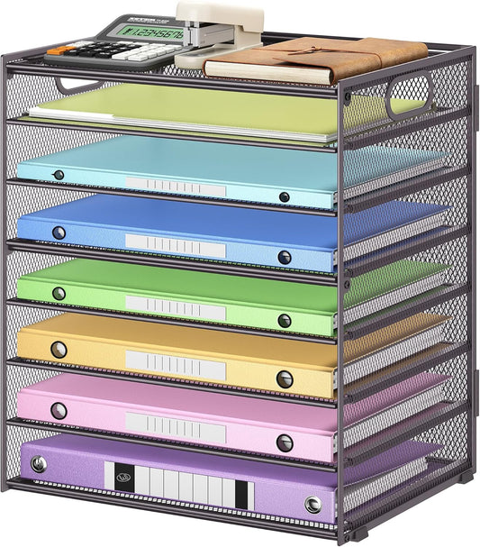 8 Tier Paper Organizer with Handle, Metal Mesh Desk File Organizer, Large Capacity Desk Organizers Paper Letter Tray Desktop Document Sorter for Office, Home or School-Grey