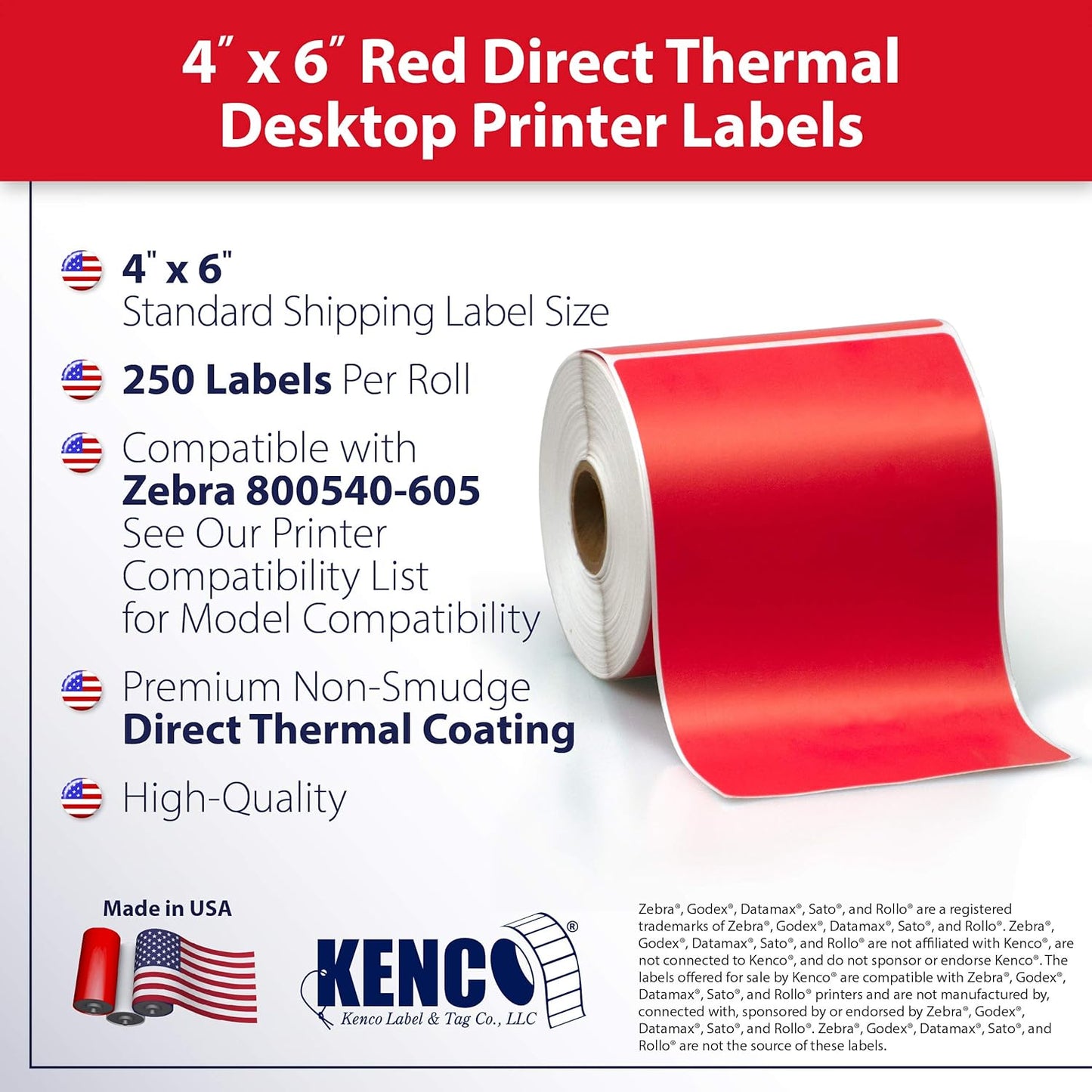 4" X 6" Direct Thermal Perforated Stickers Labels for Shipping Labels, Inventory, and Color Coding - Compatible with Zebra, Rollo, Godex and More (Red, 6 Rolls)