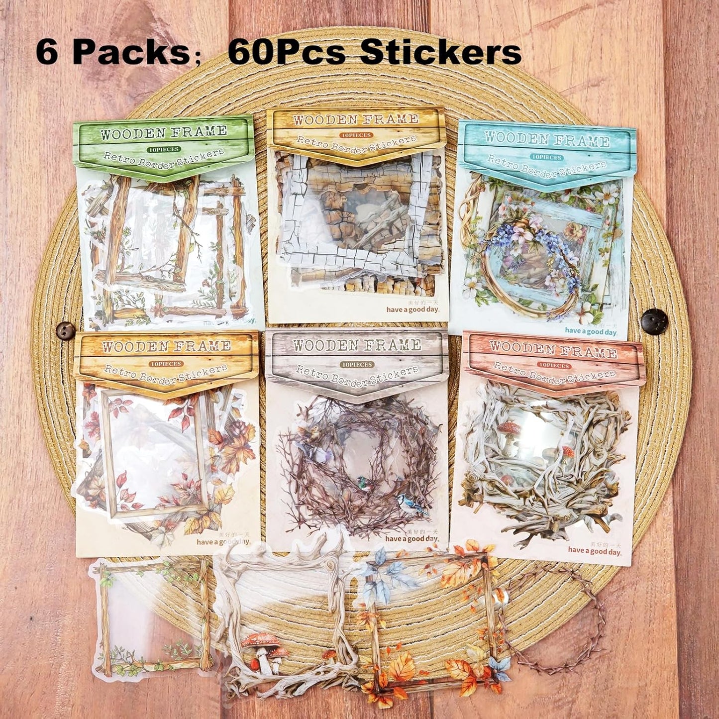 Vintage Wooden Frame PET Sticker Set, 60PCS Retro Aesthetic Scrapbook Stickers for Journaling, DIY Crafts, and Decorative Art Supplies