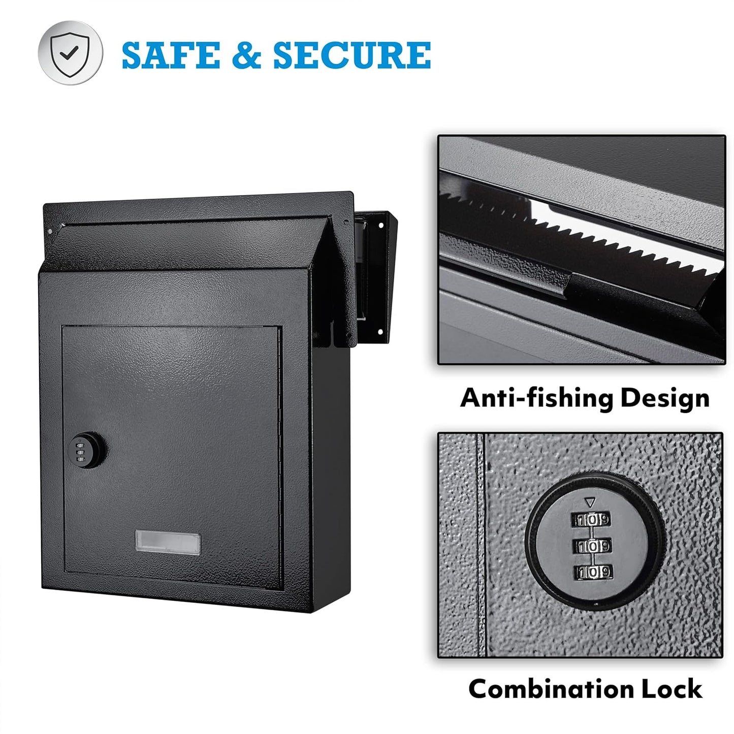 Rainproof Through The Door Key Drop Box, Galvanized Steel Heavy Duty Mailbox Safe Deposit Box, Locked Mail Drop Box with Combination Lock for Key and Payment, Black Mailbox