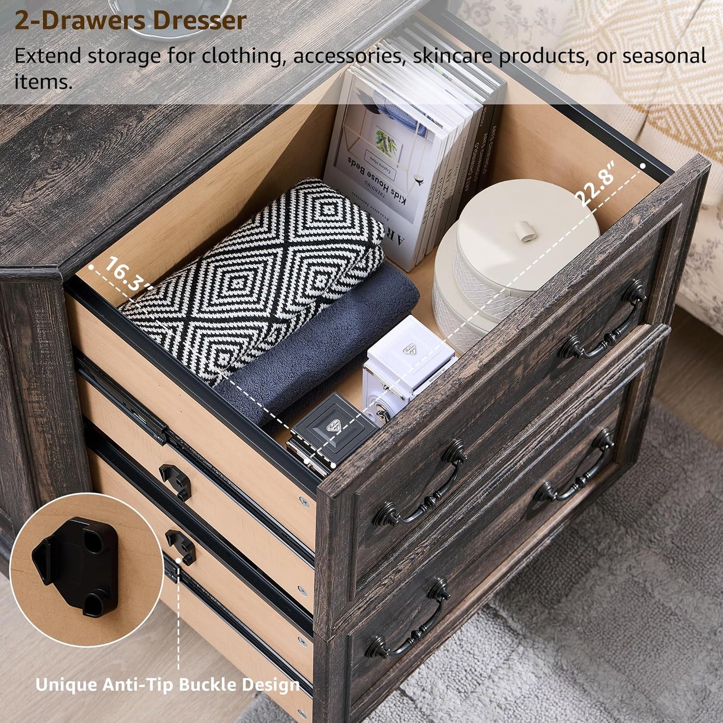 T4TREAM 2 Drawer File Cabinet-30 Wide Wooden Extended Desktop, Farmhouse Filing Cabinet with Smooth Rails, Holds Letter/Legal/A4, Hexagonal Design & Framed Drawer Fronts, Dark Rustic Oak