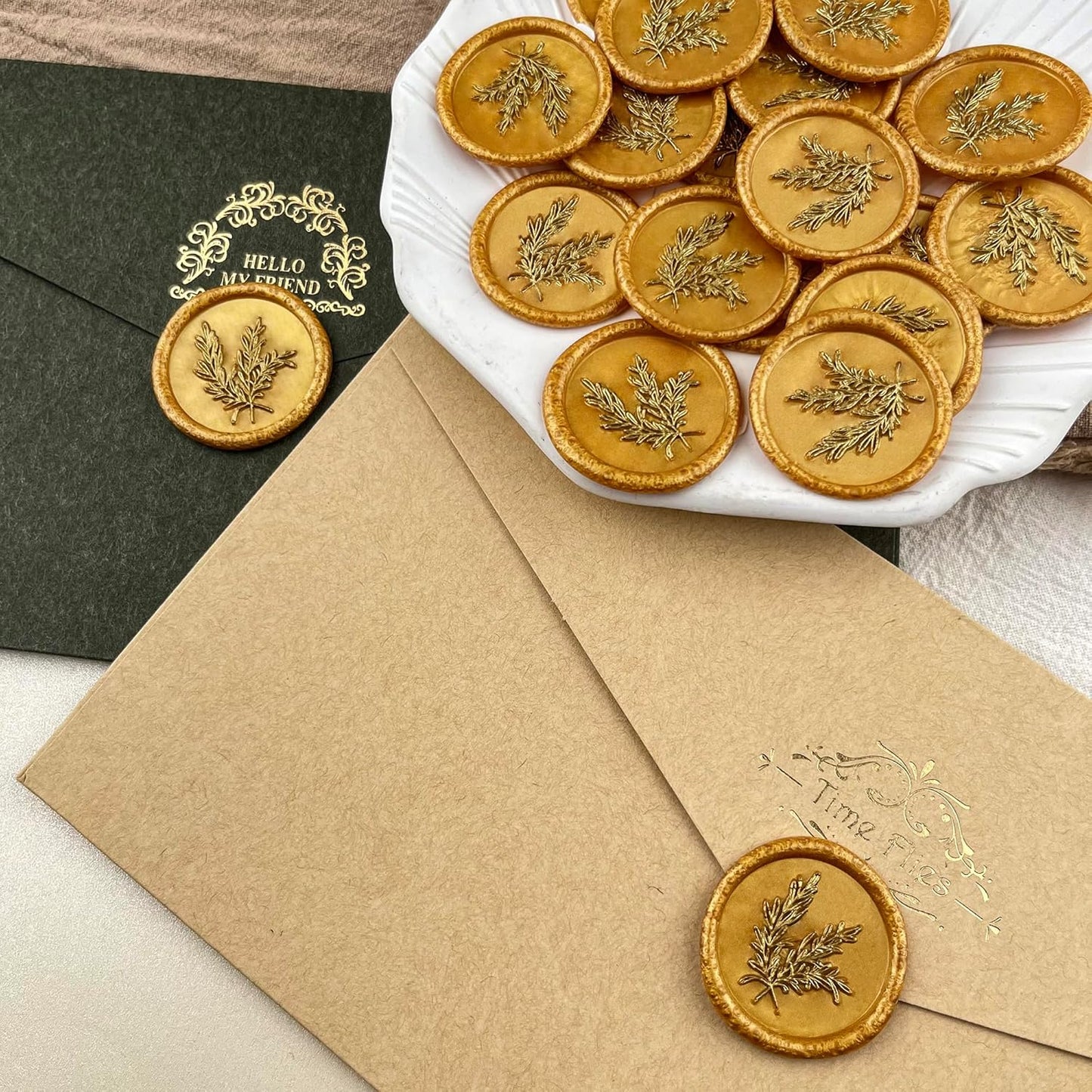 100Pcs Gold Wax Seal Stickers - Handmade Envelope Seals, Self-Adhesive, Wedding Party Invitations, Envelope, Gift Wrap, Christmas (Gold Rosemary Style)
