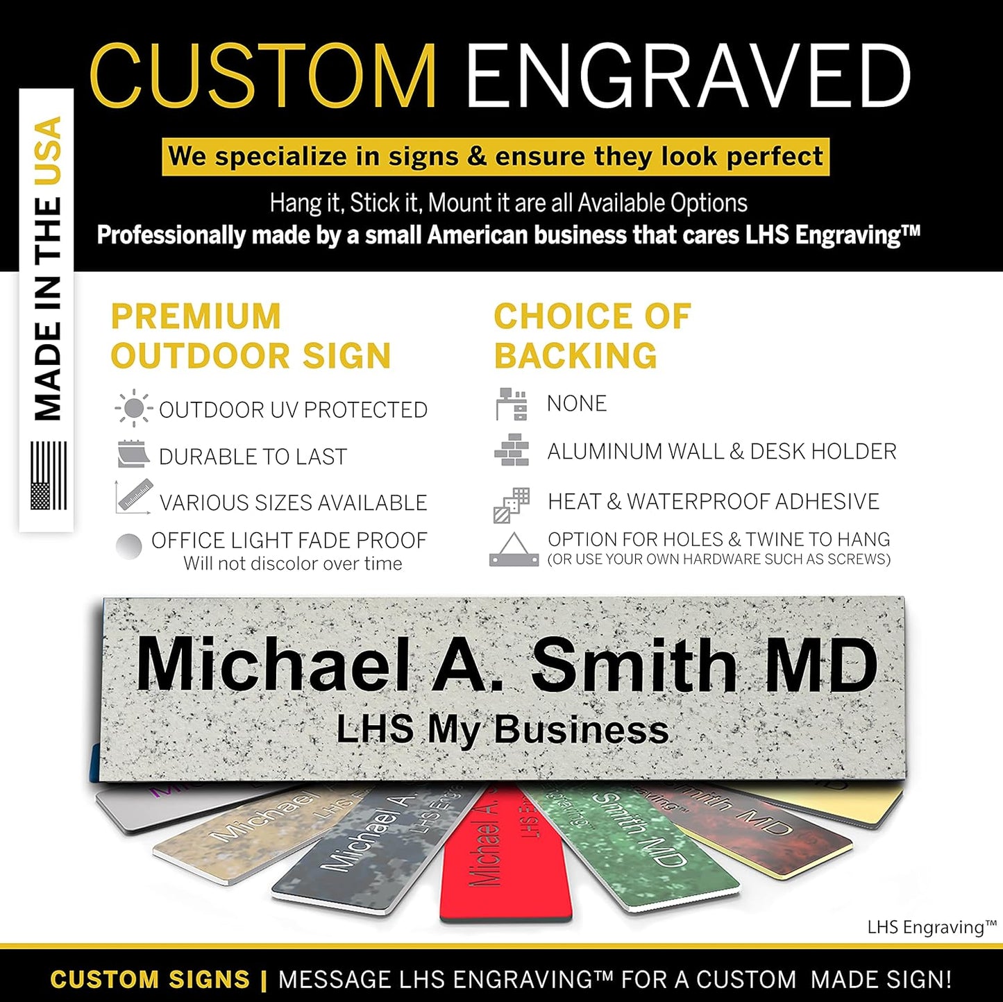 Door Name Plate Personalized for Office Stone Granite Plastic Name Plate Black Letters - Made in USA 2x10 S3