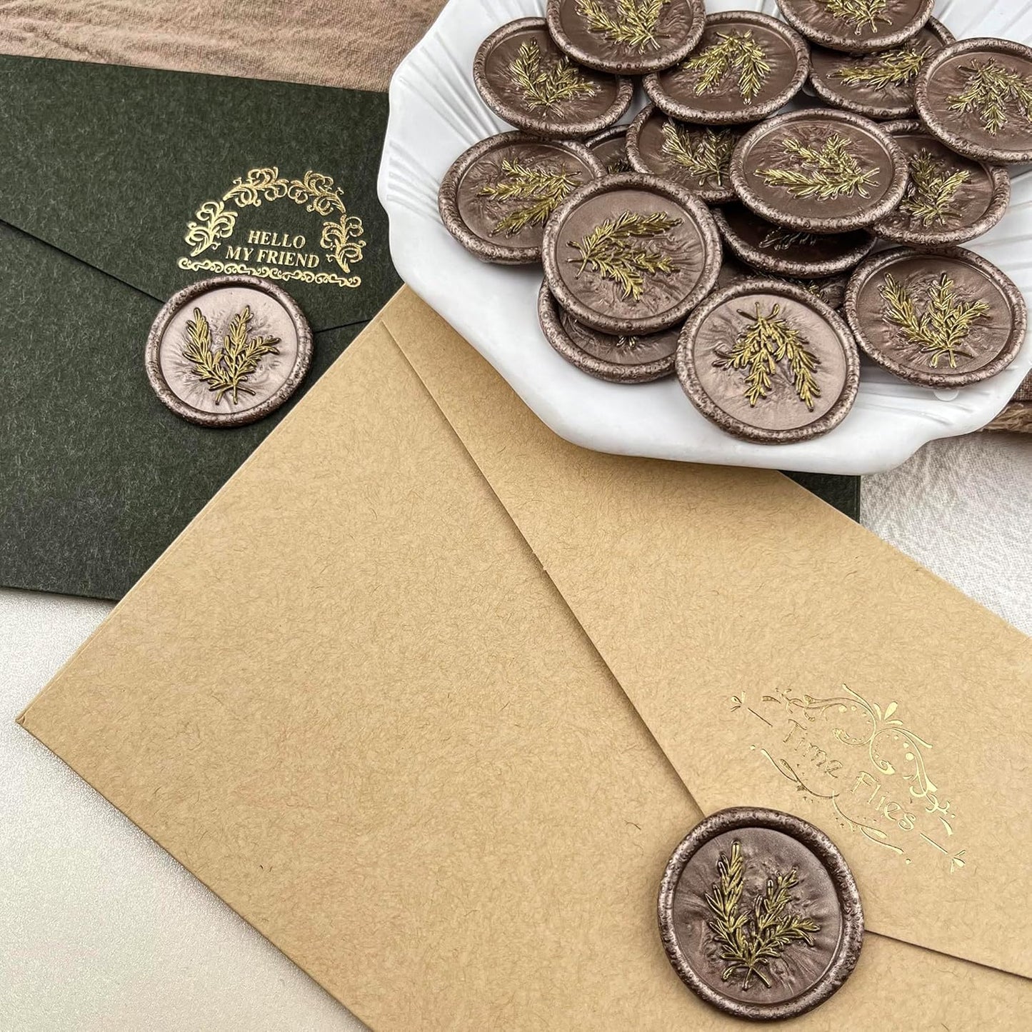 100Pcs Gold & Champagne Gold Seal Stickers - Handmade Self-Adhesive Envelope Seals for Wedding Party Invitations, Gift Wrap, Christmas (Gold Rosemary Style, Champagne Gold Wax)