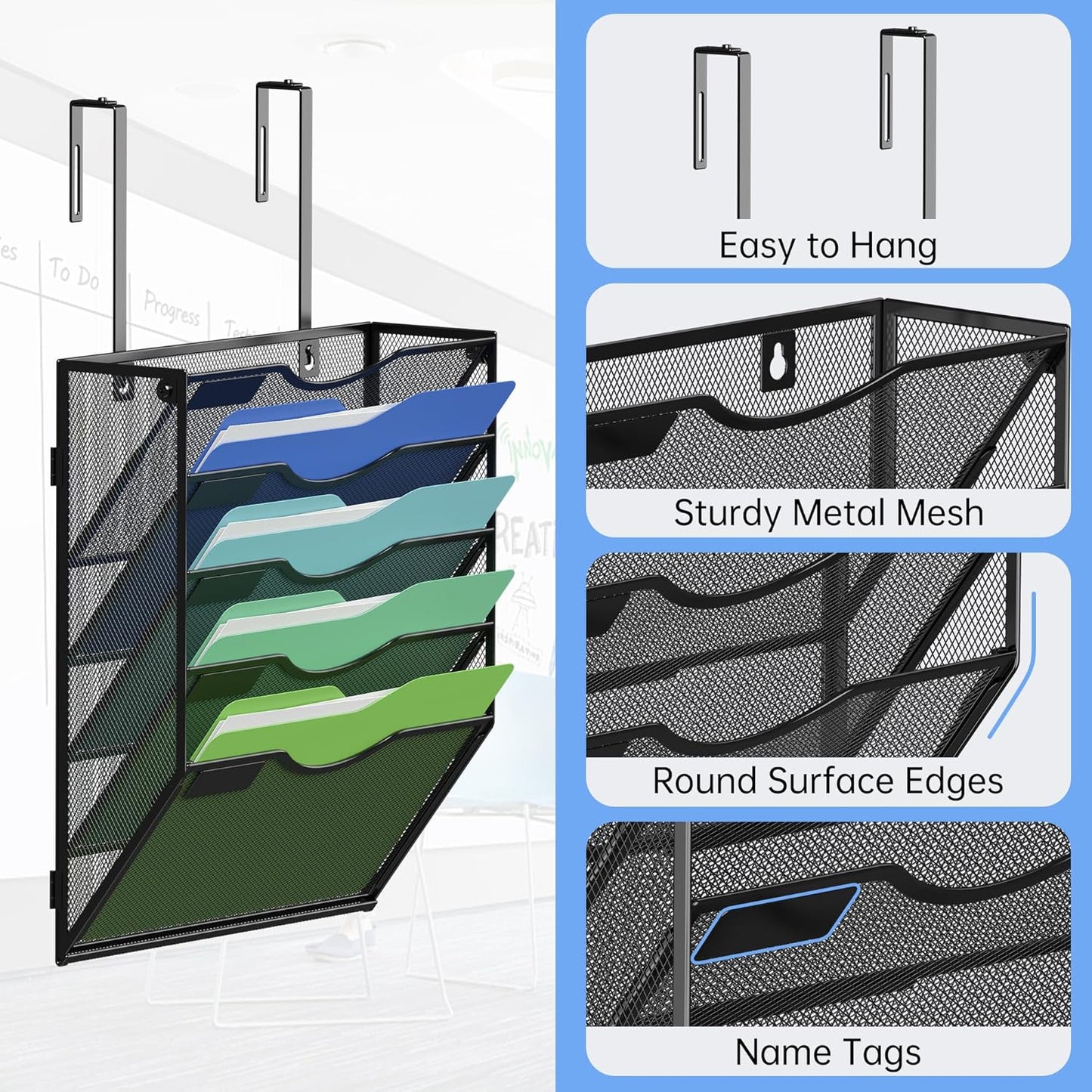 Kuntine.B Wall File Organizer Office Hanging Magazine Holder Wall File Organizer for Office Home (Black, 5 Tier & Hangers)