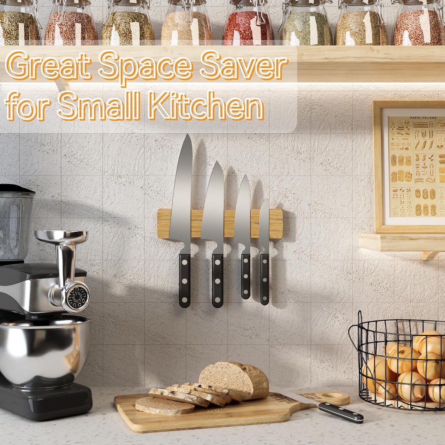 Magnetic Knife Holder for Wall, 10" Acacia Wood Knife Magnetic Strip No Drill Knife Magnet Storage Bar Magnetic Tool Key Holder Strip for Wall Use as Knife Rack for Kitchen Utensil Organizer Natural