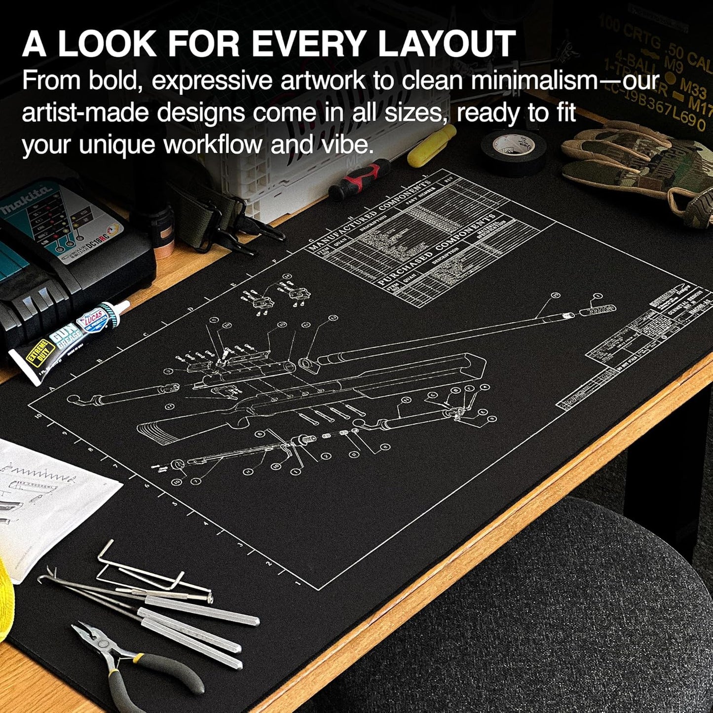 MPCO. Blueprints Large Gaming Desk Pad - 36" x 17" Aeroglyde Fabric Browning 50 Cal – Black Desk Mats - Non-Slip, Washable, Smooth Glide for Precision Gaming & Work