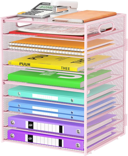 9 Tier Paper Organizer with Handle, Large Capacity Desk Organizer Mesh File Folder Letter Paper Tray Desktop Document Sorter for Classroom, School, and Office Accessories Organization- Pink