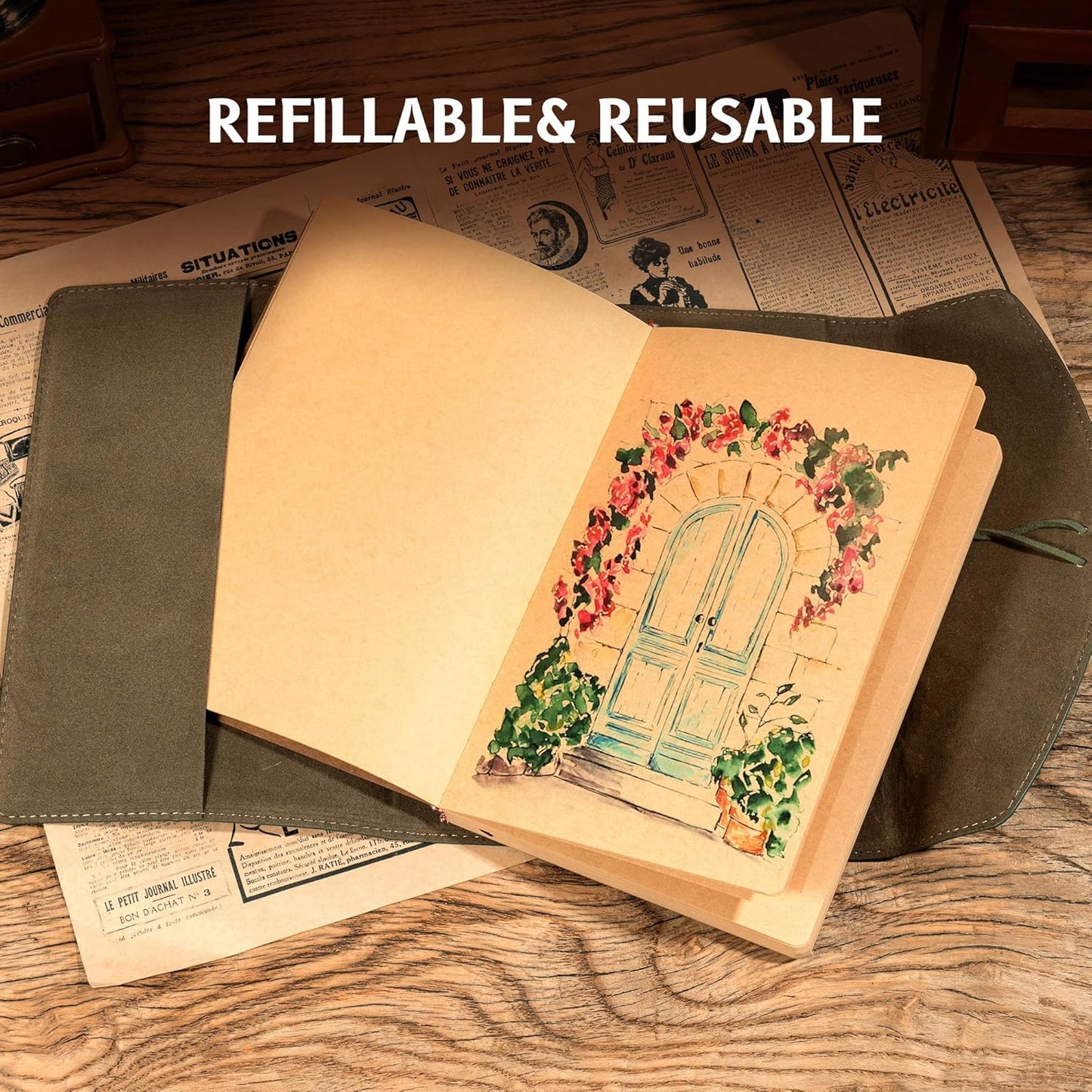 Vintage Leather Journal for Women Men, Junk Journal Notebook Soft Cover, Book of Shadows Journals for Travel Diary Scrapbook Sketchbook Journaling Writing, Green