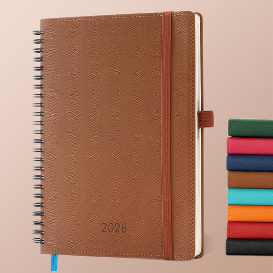 Planner 2026 Daily Weekly and Monthly,8.5"x6.5",12 Months Spiral Bound Calendar Agenda with Self-adhesive Pen Holder,2026 Appointment Book with Vegan Leather Soft Cover,Brown