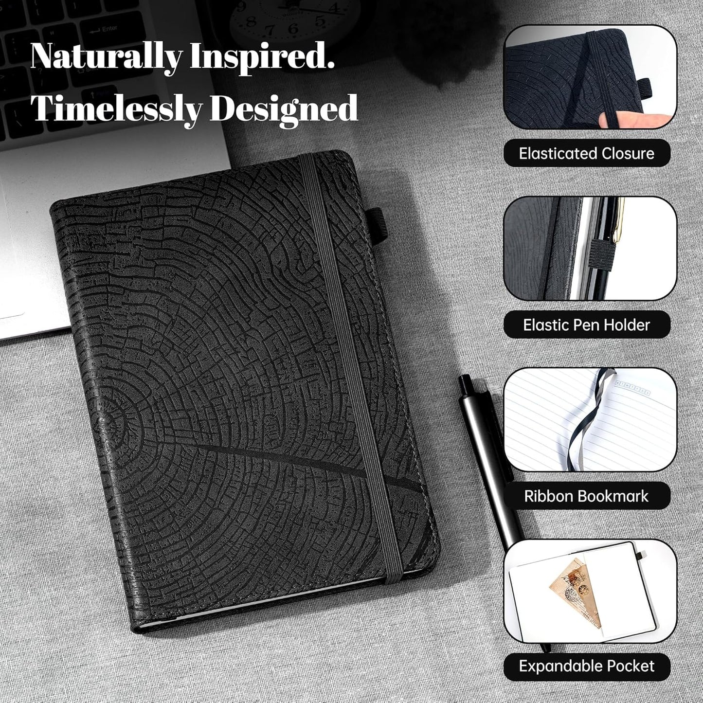 CAGIE Lined Journal for Men Women, Tree Growth Ring Leather Bound Journal Notebook, 256 Pages 100 GSM Journals for Writing, A5 Hardcover Journaling Notebooks for Work, Note Taking, Black