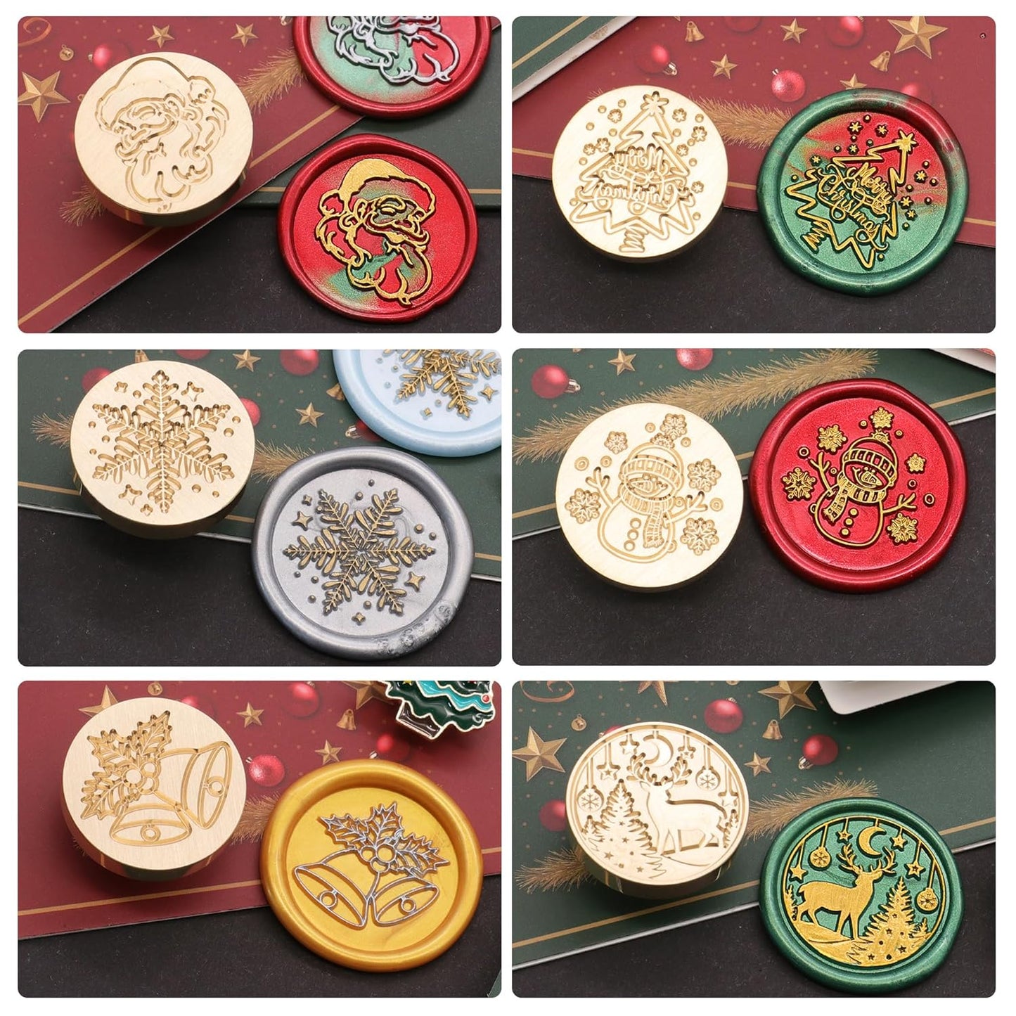 SWANGSA Christmas Wax Seal Stamp Gift Box Set, Vintage 6 Sealing Stamp Heads + 1 Wooden Hilt, Wax Stamp Kit for Christmas Party Invitations, Cards and Gift Packaging (Christmas Kit)