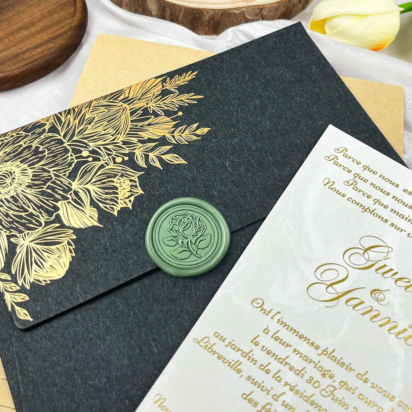 50Pcs Wax Seal Stickers Handmade Envelope Seals Self Adhesive Wax Stickers for Wedding Party Invitations, Envelope, Gift Wrap, Christmas(Rose Style, Olive Green)