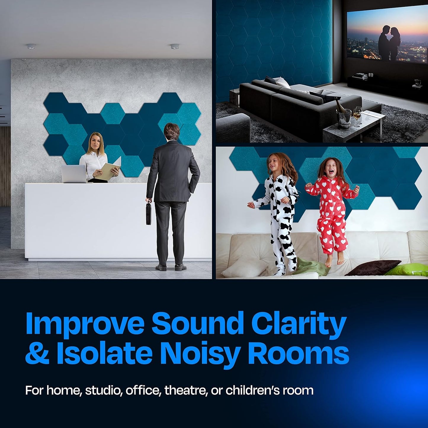 Acoustic Panels 12-Pack - 14"X12.1"X0.4" Sound Panels - High Density Sound Dampening - Ocean Turquoise Hexagon