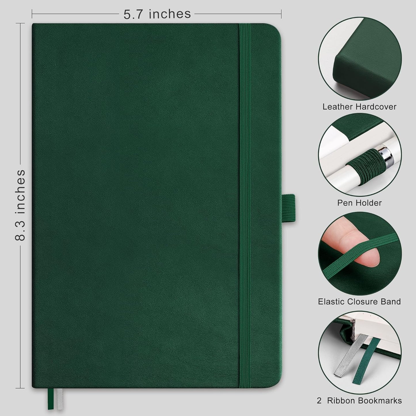 RETTACY Bullet Dotted Journal Notebook, 192 Pages, A5 Medium Size (5.7'' x 8.3''), Leather Hardcover, 100 GSM Thick Paper, for Bullet Journaling, Planning, Tracking (Dark Green)