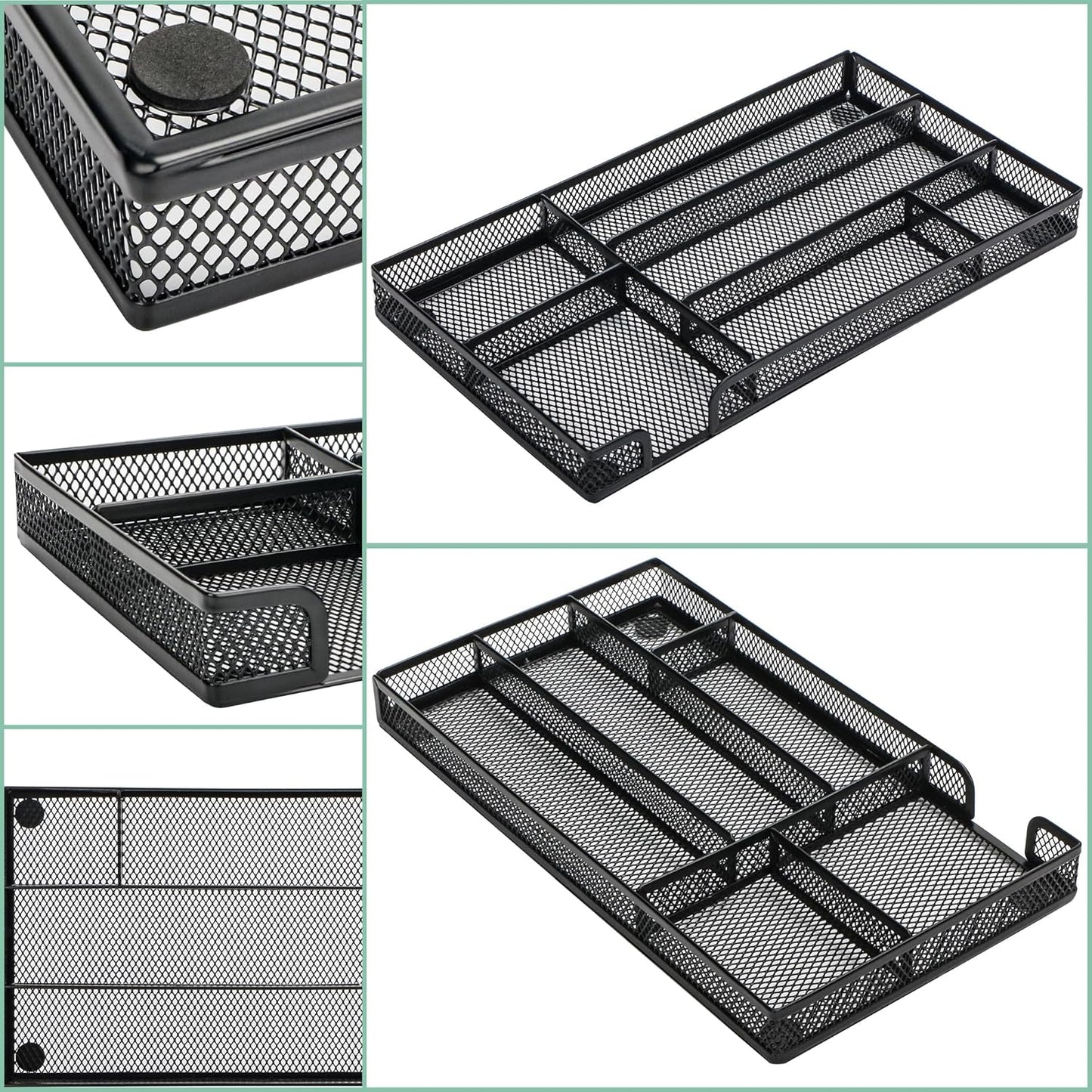 Annova Desk Drawer Organizer Tray for Office Organization - Metal Mesh - Storage Tray with Dividers for Pens, Desktop Accessories, Bathroom, Kitchen, Makeup and Office Supplies (Small, Black)