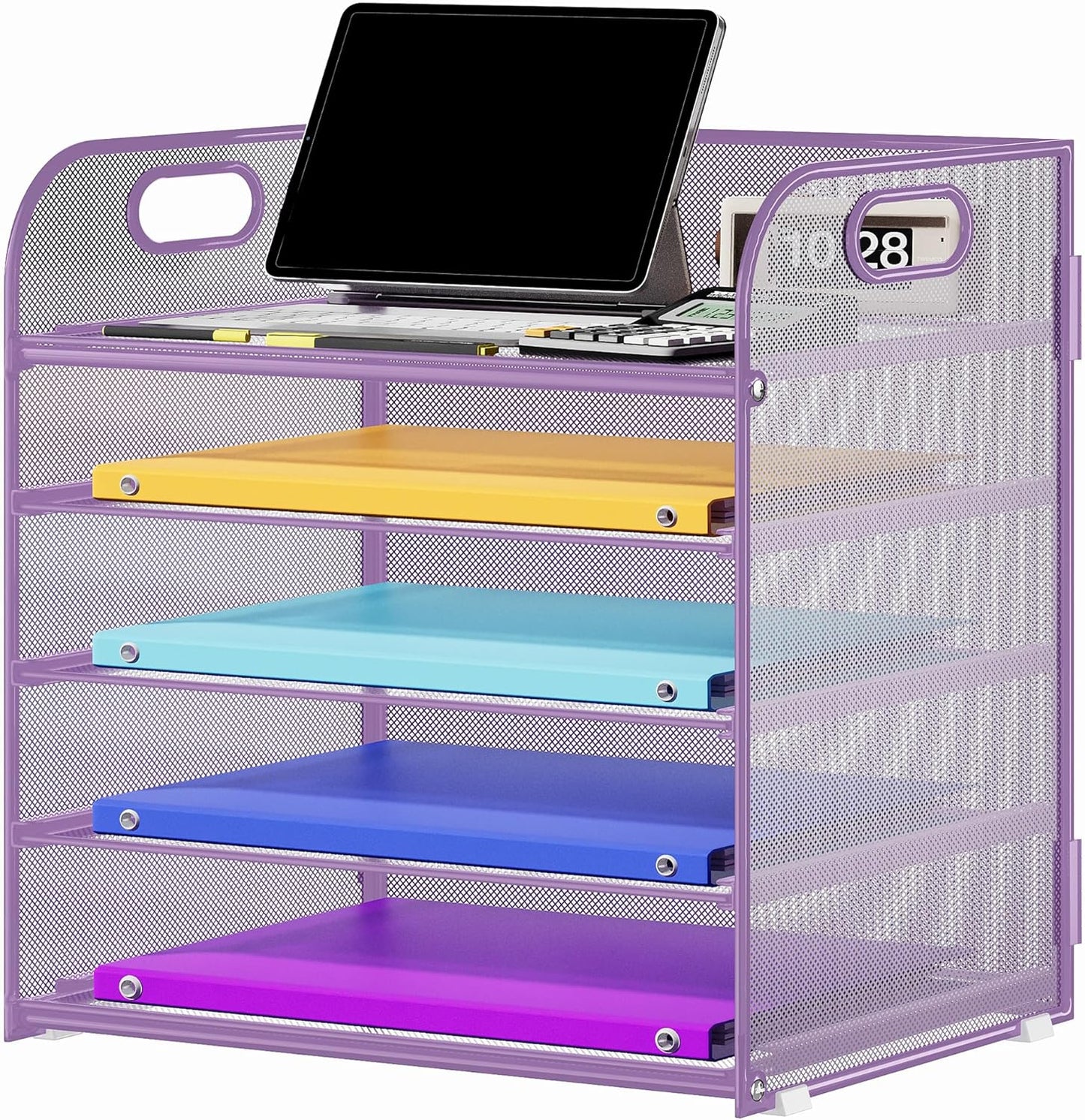 5 Tier Paper Organizer with Handle, Metal Mesh Desk Organizer File Folder Paper Letter Tray Desktop Document Sorter for Classroom, School, Office Accessories Organization and Storage - Purple