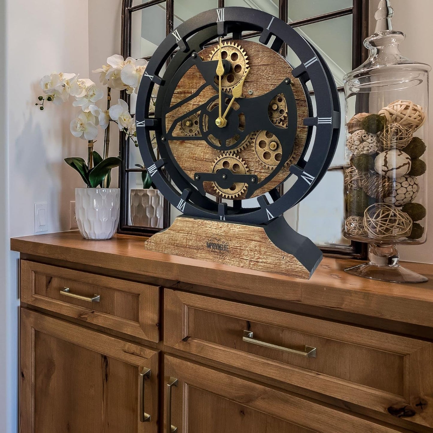 The Gears Clock 16 inches Wall Clock with Real Moving Gears Convertible into a Big Mantel Clock (Vintage Brown)