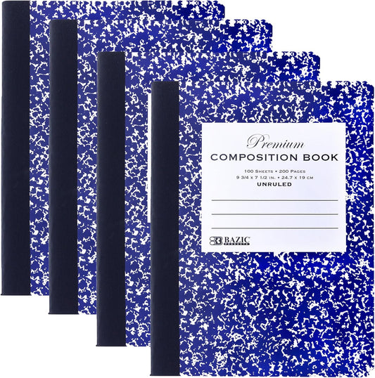 BAZIC Composition Book Black Marble Unruled Ruled 100 Sheet Notebook, Blank Page Journal Comp Notebooks for School, 4-Pack