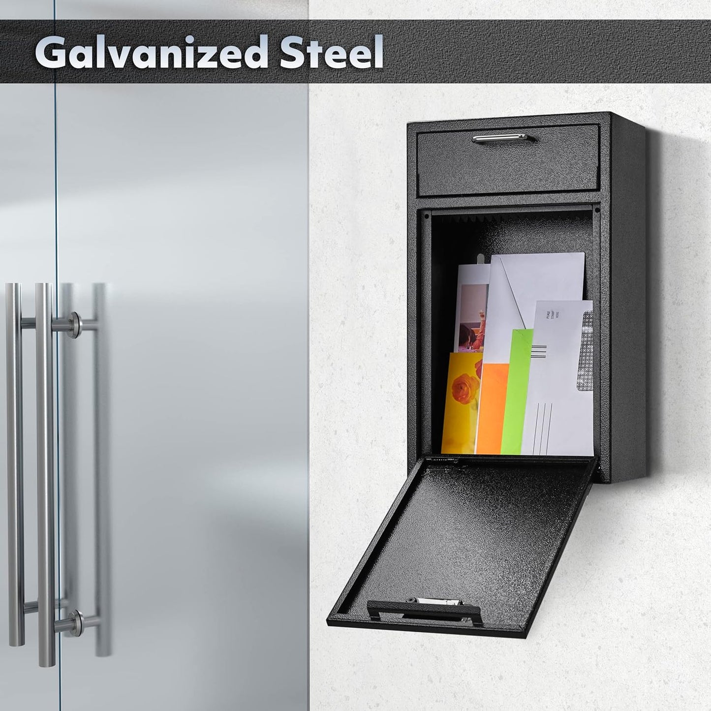 Locking Wall Mailbox Drop Safe for Business - 1.2mm Heavy Duty Lock Box with Code - Vertical Tamper Proof Lock Box for Night Key, Deposit Collection, Cash (8.6'' x 4.75'' x 14.25'')