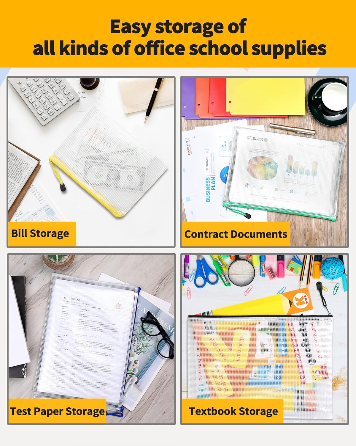 SUNEE Plastic Mesh Zipper Pouch 11x16 in (8 Colors, 24 Packs),Extra Large Water-Resistant Zip Bag for School Office Supplies, Puzzles & Games Organizing Storage