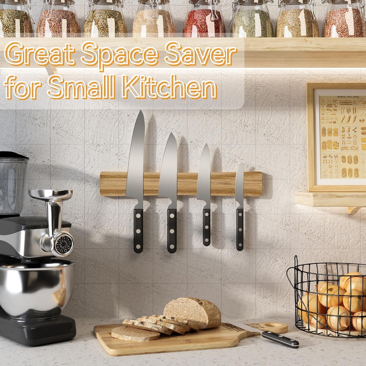 Magnetic Knife Holder for Wall, Acacia Wood Knife Magnetic Strip No Drill Knife Magnet Storage Bar Magnetic Tool Key Holder Strip for Kitchen Utensil Organizer (Light Brown, 16 Inch)