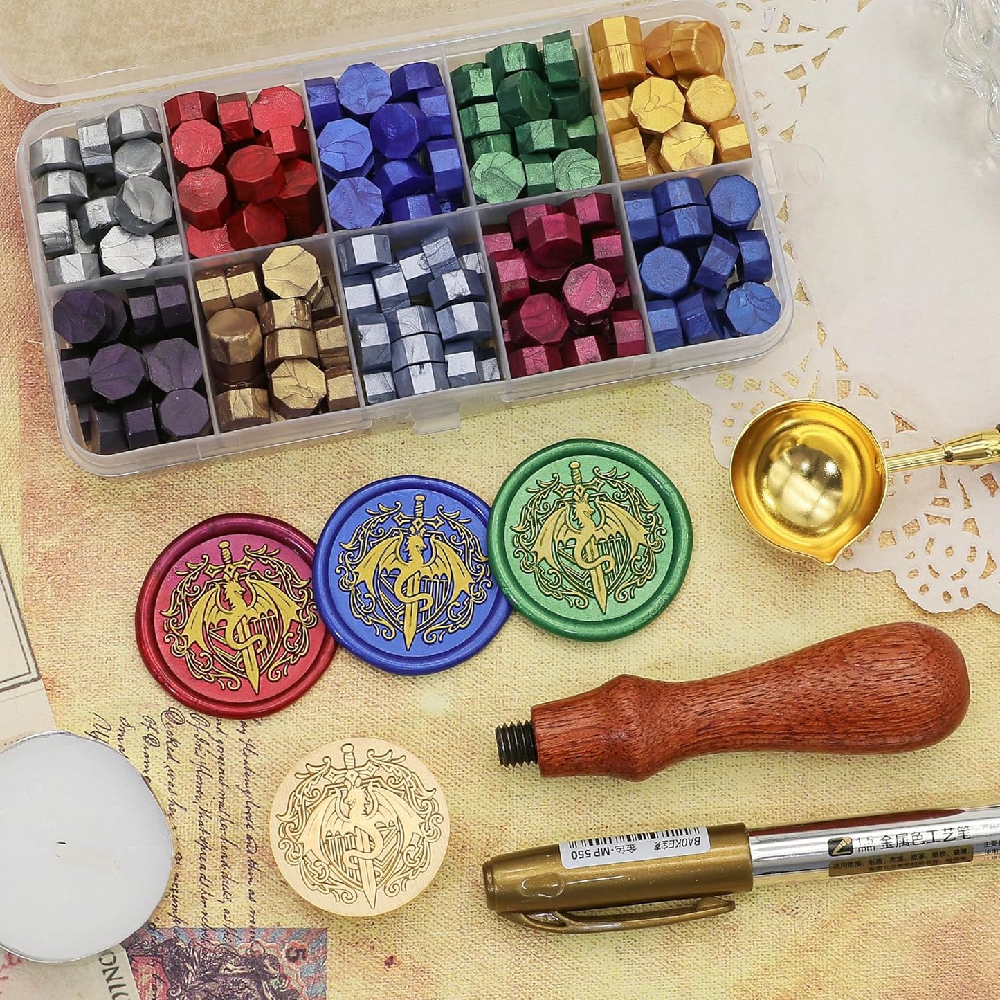 SWANGSA Dragon and Sword Wax Seal Stamp Kit with 200pcs Sealing Wax Beads, Great for Embellishment of Halloween Party Invitations, Wine Packages, Gift Wraps