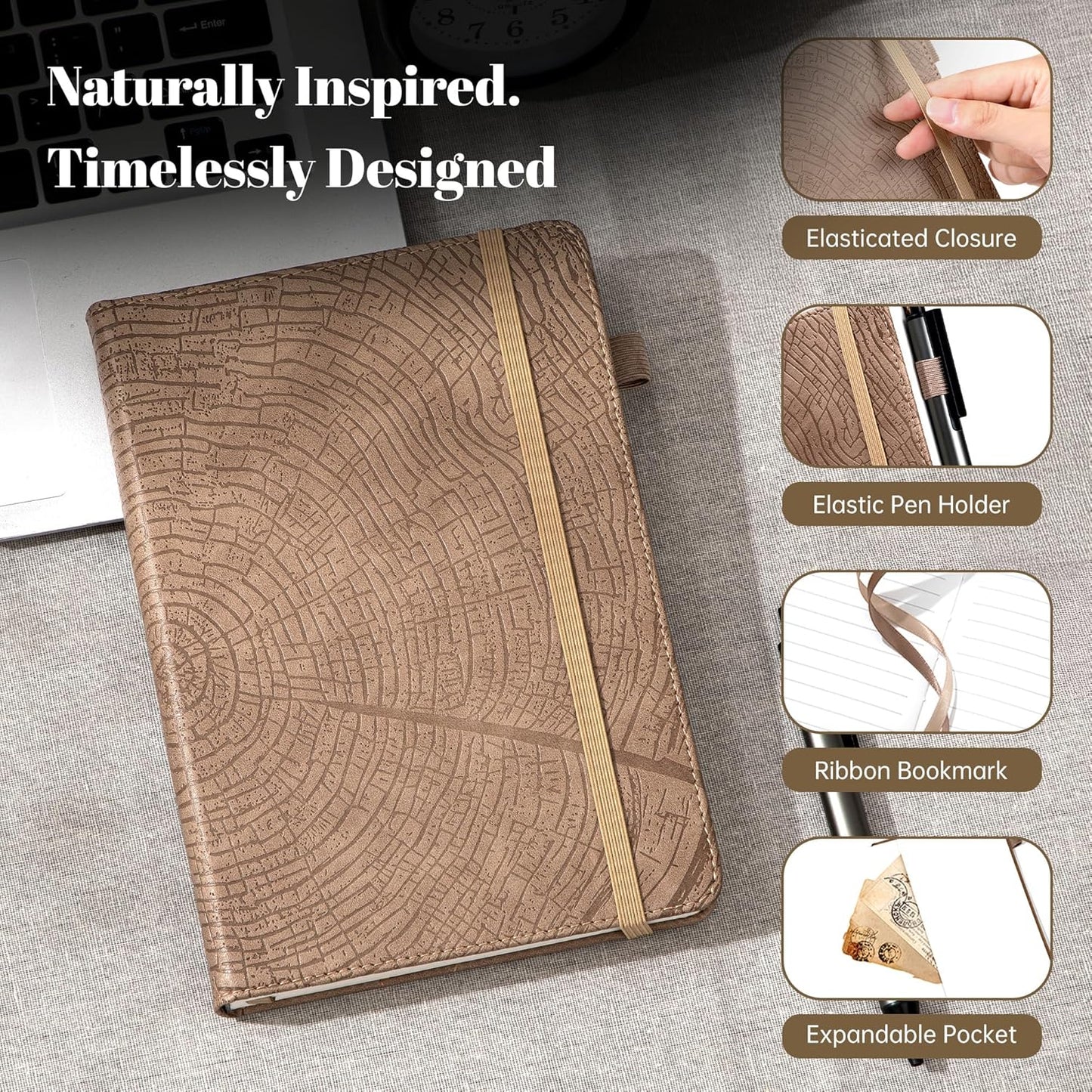 CAGIE Lined Journal for Men Women, Tree Growth Ring Leather Bound Journal Notebook, 256 Pages 100 GSM Journals for Writing, A5 Hardcover Journaling Notebooks for Work, Note Taking
