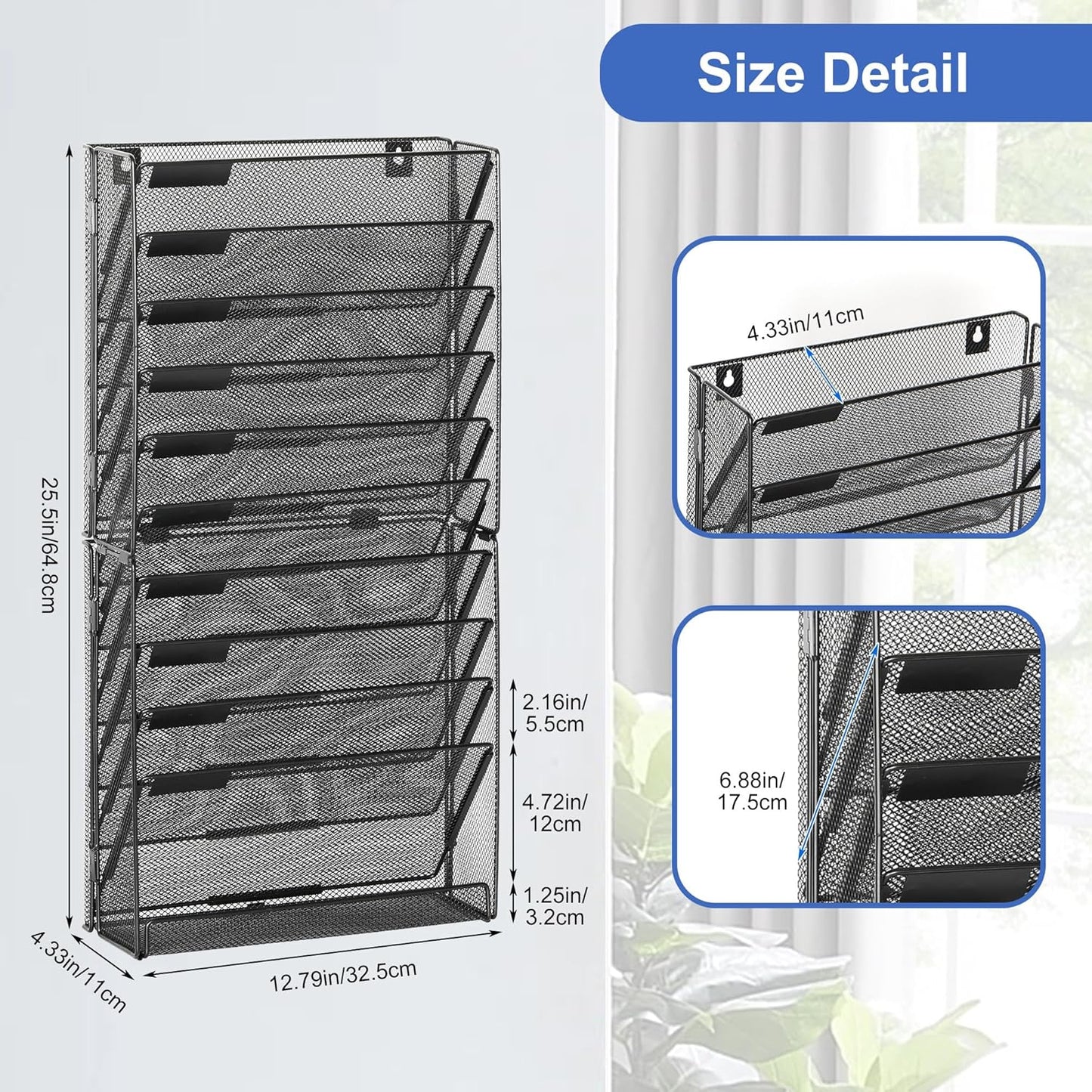 EasyPAG 11 Tier Wall File Holder with Flat Tray, Black | Easy Assemble Mesh Desk File Organizer | 10-Folder Paper Storage | Replaceable Classify Labels | Space Saving Mail Organizer for Office Home