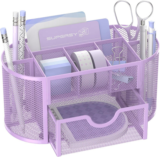SUPEASY Mesh Desk Organizer, Desk Accessories & Workspace Organizers with Drawers, Pencil Holder for Desk with 9 Compartments for Office Suppliess, 8.6 x 4.3 x 4.1 Inch, Purple