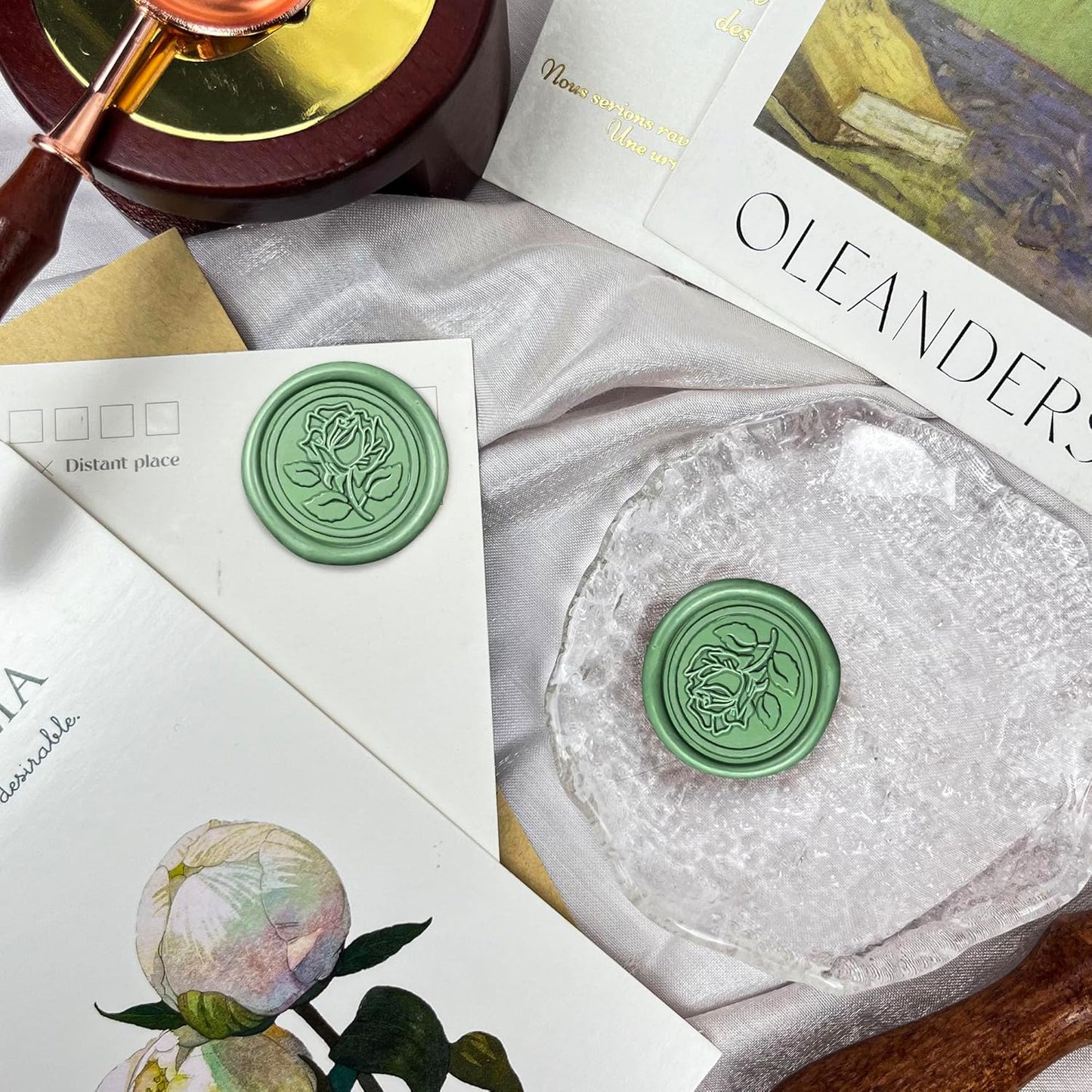 50Pcs Wax Seal Stickers Handmade Envelope Seals Self Adhesive Wax Stickers for Wedding Party Invitations, Envelope, Gift Wrap, Christmas(Rose Style, Olive Green)