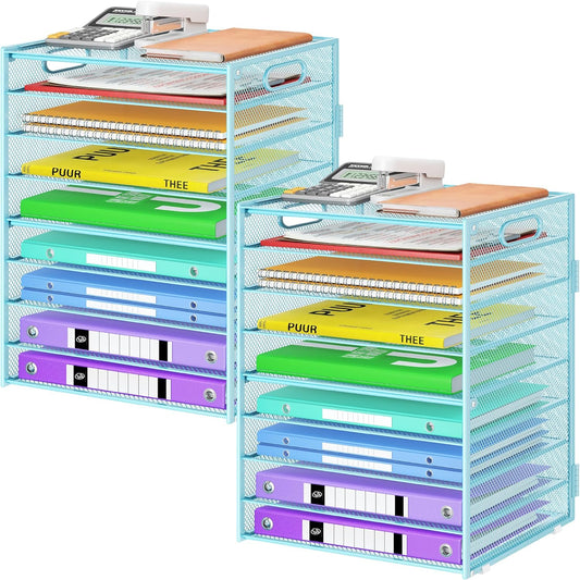 9 Tier Paper Organizer with Handle, Large Capacity Desk Organizer Mesh Paper Letter Tray File Folder Document Sorter for Classroom and Office Accessories Organization- Blue (2 Pack)