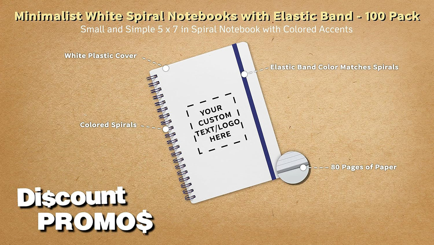 100 White Spiral Notebooks with Elastic Band Pack - Customizable Text, Logo - 80 lined pages, Recycled - Blue