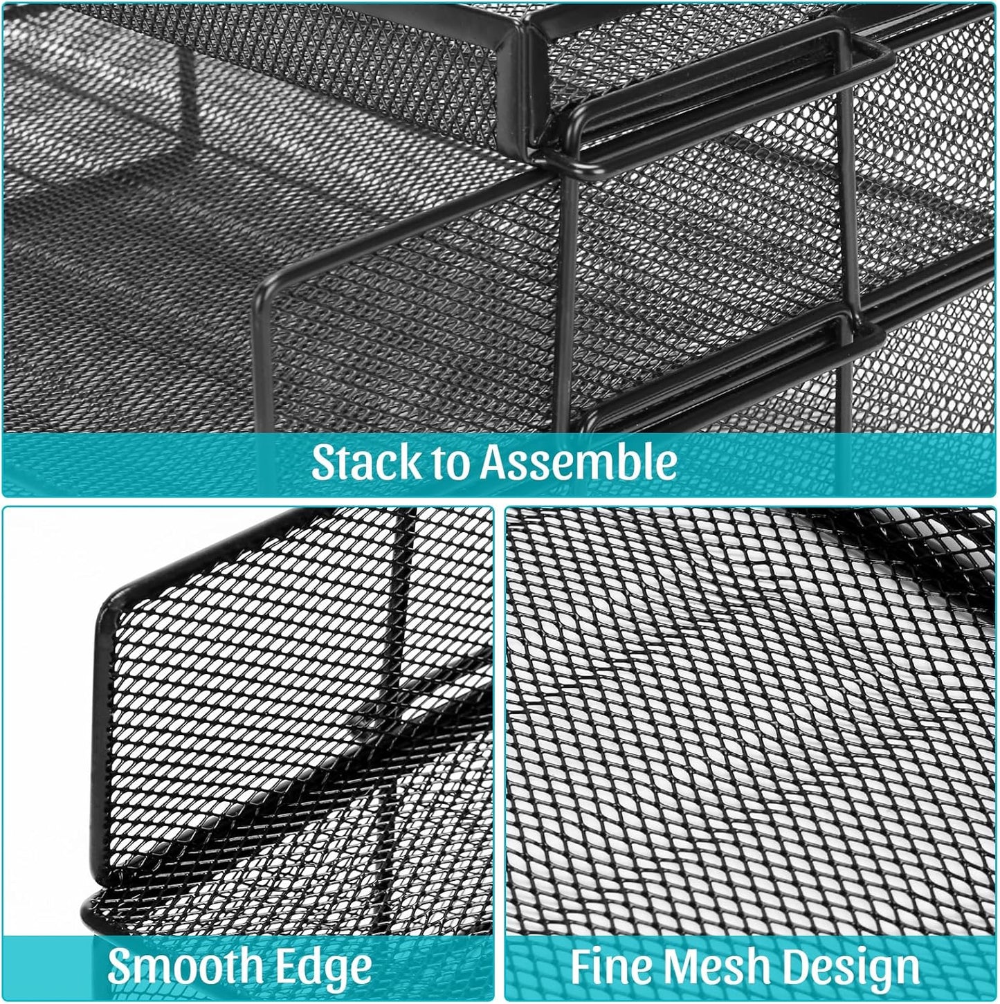 Office Drawer Organizer, 2 Tiers Stackable Paper Tray Organizer for Desk, Standing Papers File, Black Mesh/Office File Collation