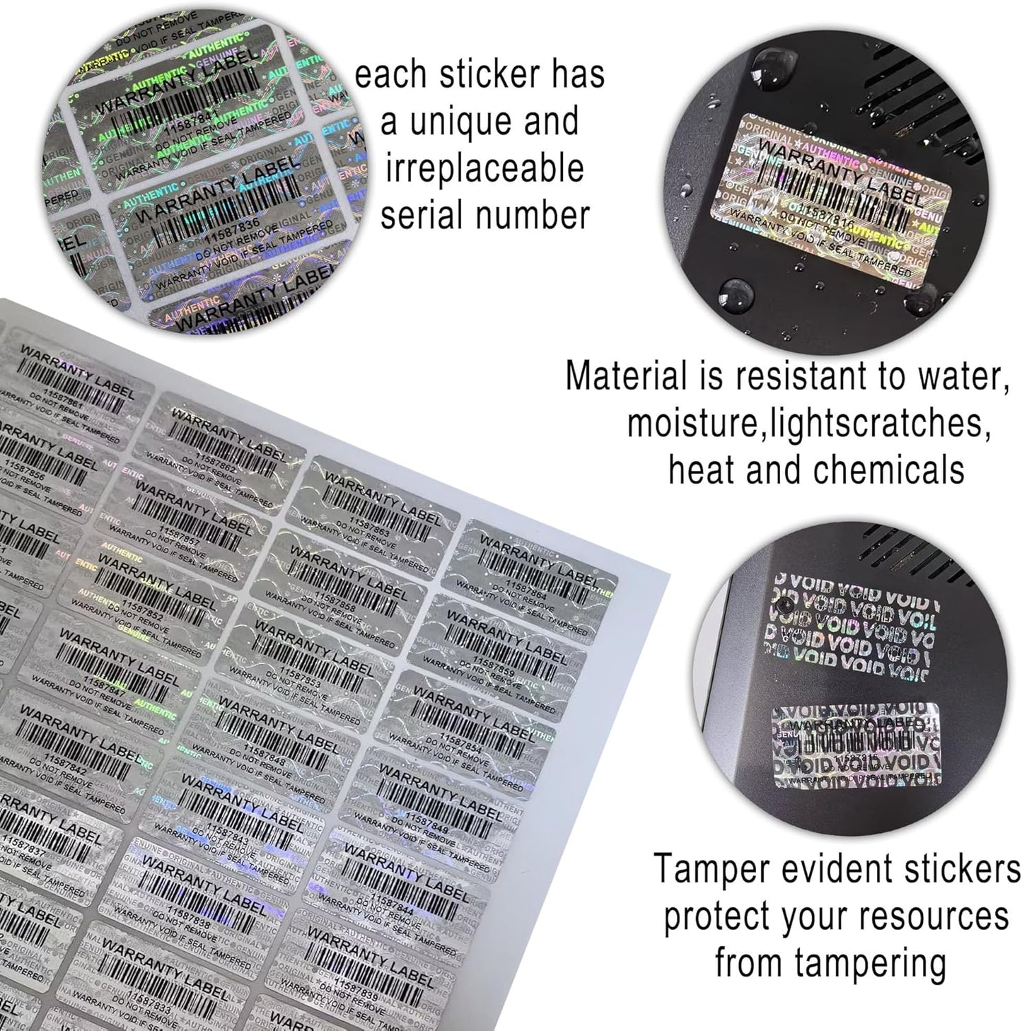 520pcs Tamper Evident Proof Stickers with Barcode Hologram Security Labels Genuine Warranty Seal with Unique Serial Number(1.2 X 0.6 Inch Silver)