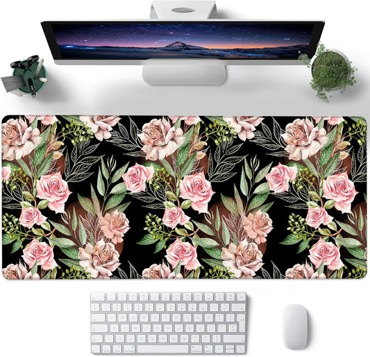 Desk Mat, Watercolor Rose Flowers Eucalyptus Leaves Large Gaming Mouse Pad with Non-Slip Base Stitched Edges,Desk pad for Keyboard and Mouse Home Office 35.4"x15.7"