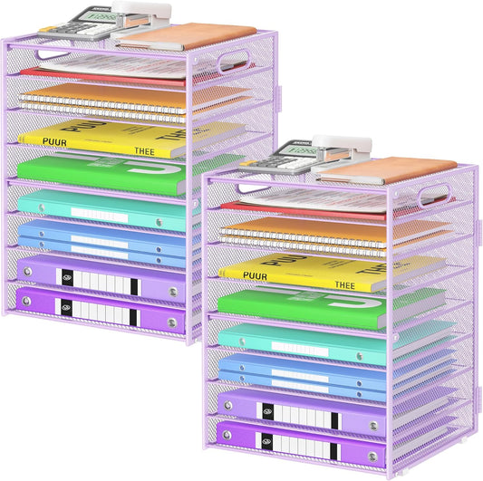 9 Tier Paper Organizer with Handle, Large Capacity Desk Organizer Mesh Paper Letter Tray File Folder Document Sorter for Classroom and Office Accessories Organization- Purple (2 Pack)