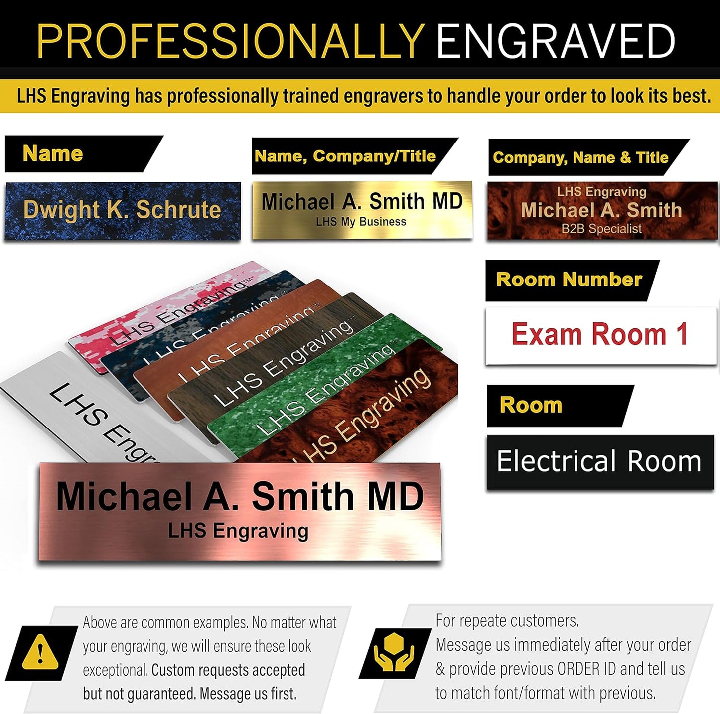 Engraved Name Plates for Door Sign Personalized Burlwood Plastic Plaque with Gold Letters - Made in USA 2x8 N2