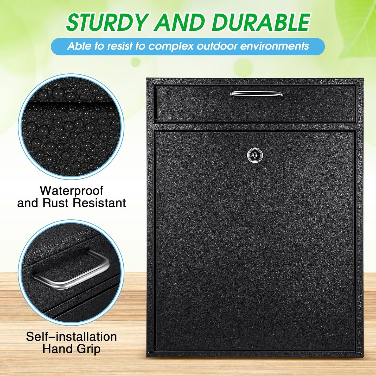 Locking Mailbox with Key for Outdoor 18 x 15 x 7 Inches Large Wall Mount Mail Box with Lock Security Mail Drop Metal Collection Boxes Hanging Secure Postbox(Black)