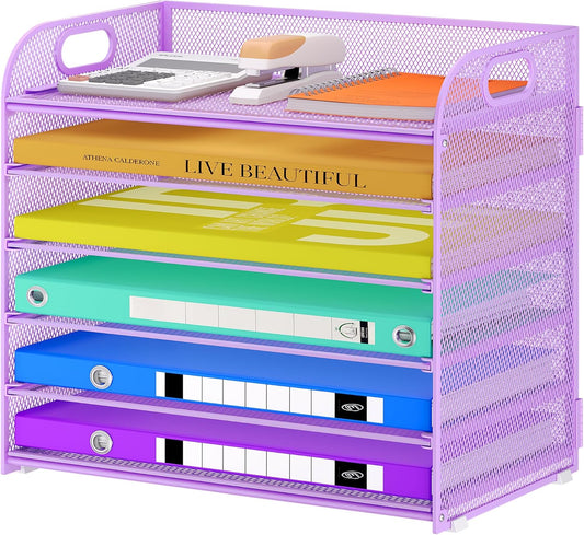 6 Tier Paper Organizer with Handle, Metal Desk Organizer Mesh Paper Letter Tray Desktop File Folder Document Sorter for Classroom, School, Office Accessories Organization and Storage - Purple
