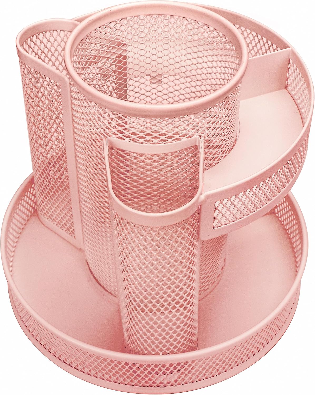 Annova Mesh Desk Organizer Rotate with 5 Compartments Round Spinning Tidy Candy/Pen Holder Desk Accessories Office, Art Supply, Storage, Classroom, Home (Light Pink)