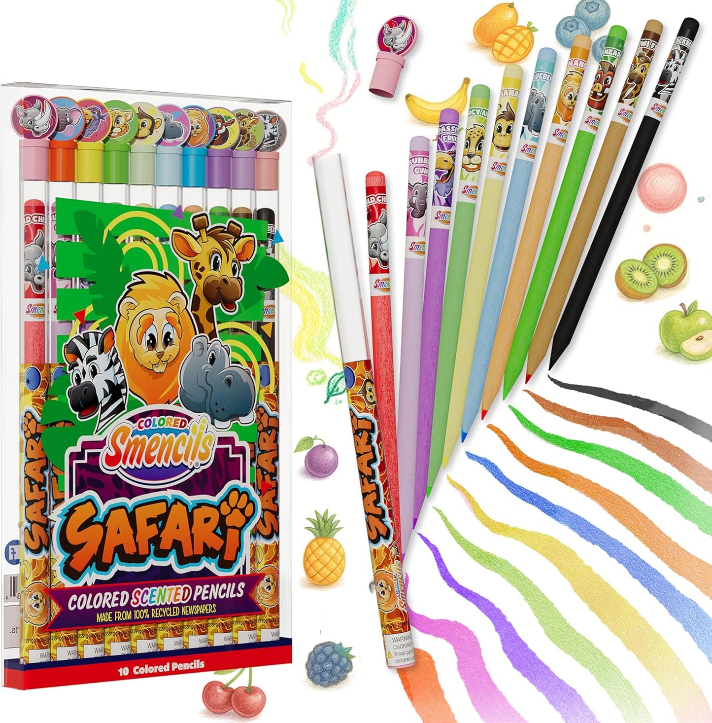 Safari Colored Smencils - Patented Gourmet Scented Colored Fun Pencils - Made from Recycled Newspapers, 10 Count - Gifts for Kids, School Supplies, Classroom Rewards, Student Prizes