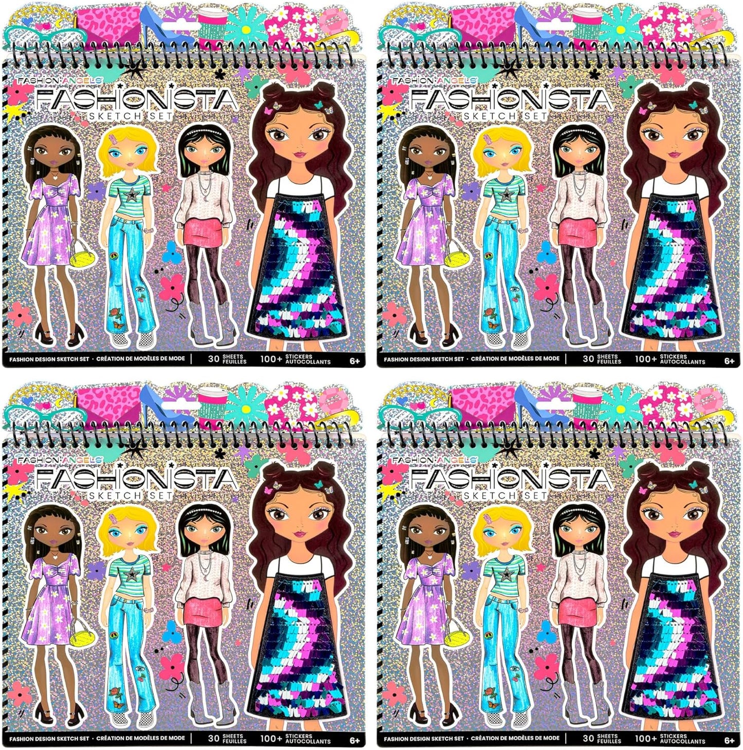 Fashion Angels Fashionista Sketch Sets Bundle, Bulk Pack of 4 Fashion Design Sketch Books, Ideal Gift & Party Favor for Girls, Kids, Tweens