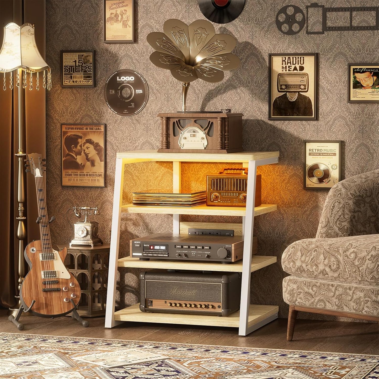 AV Media Stand with Outlets, Media Console with LED Lights, Stereo Racks and Stands with Storage Shelves, Media Audio Tower Cabinet, Natural Oak and White