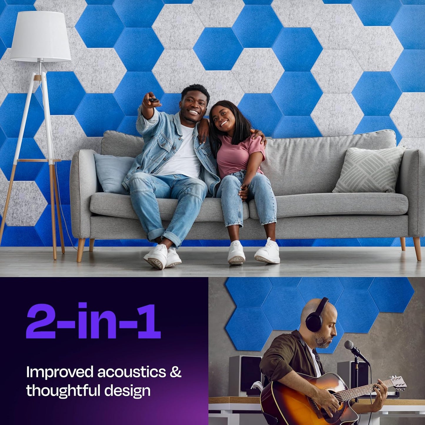 Acoustic Panels 12-Pack - 14"X12.1"X0.4" Soundproof Wall Panels - High Density Sound Dampening - Grand Blue Hexagon