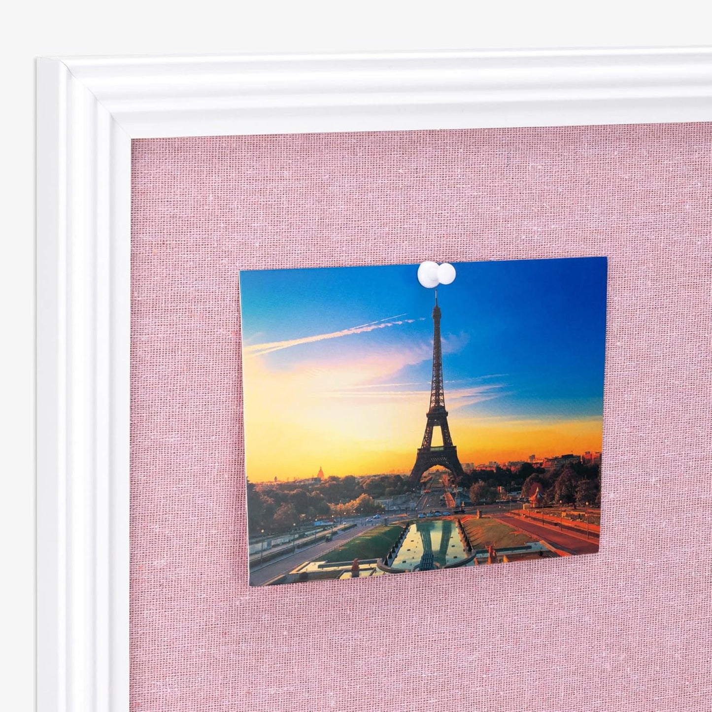 Navaris Framed Linen Bulletin Board - 17 x 23 inches Fabric Jewelry Organizer Pinboard for Wall Memory Memo Pin Board - Pink Linen with White Frame